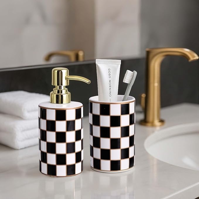 Bathroom Toothbrush Holder Set, Ceramic Checkered Soap Dispenser and Tooth Brush Holder Set, Modern Bathroom Accessories Sets Countertop, Black and White Checkered Bathroom Decor Set (Black)