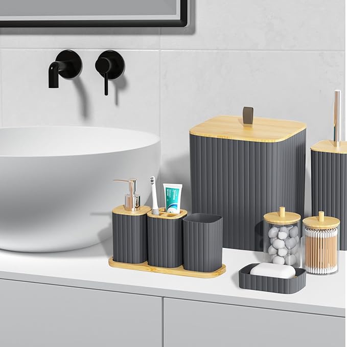 Bathroom Set - 9PCS Grey Bathroom Accessories Set Toilet Brush Holder Set Soap Dispenser Decorative Countertop Bathroom Accessory Set with Trash Can Bathroom Decor Set for Home, Restroom