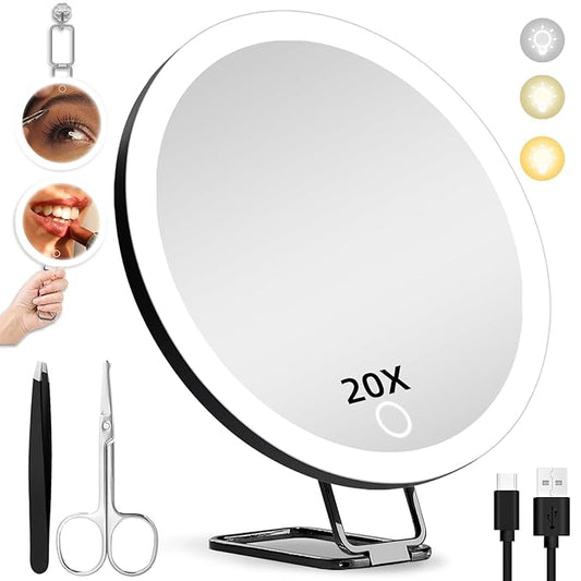 20X Magnifying Mirror with Lights, 6inch Makeup Magnified Mirror 20X Lighted Travel Magnification with 3 Suction Cups and 360° Adjustable Bracket- Includes Tweezers & Scissors