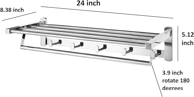 Roshan Handcrafted and Hand Polished Multi Purpose Towel Rack, Rust Proof and Peel Resistant Towel Shelf, Includes 2 Handmade Hooks (6-Piece Silver)