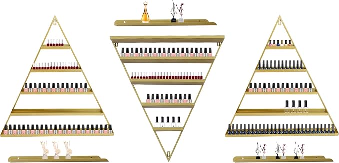 5 Tiers Metal Wall-Mounted Nail Polish Display Rack Simple Triangular Floating Lipstick Perfume Storage Shelves with 110lbs Capacity for Nail Salon Stores, Home, Spas, Golden