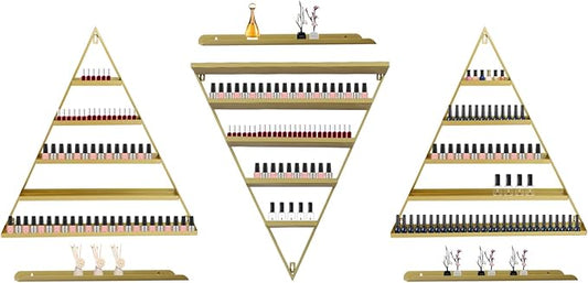 5 Tiers Metal Wall-Mounted Nail Polish Display Rack Simple Triangular Floating Lipstick Perfume Storage Shelves with 110lbs Capacity for Nail Salon Stores, Home, Spas, Golden