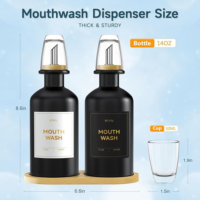 2PCS Black Glass Mouthwash Dispenser for Bathroom Countertop – 14oz/410ml Refillable Mouthwash Container with Glass Cup & Bamboo Tray, Modern Bathroom Decor for Home, Office, Airbnb (Black)