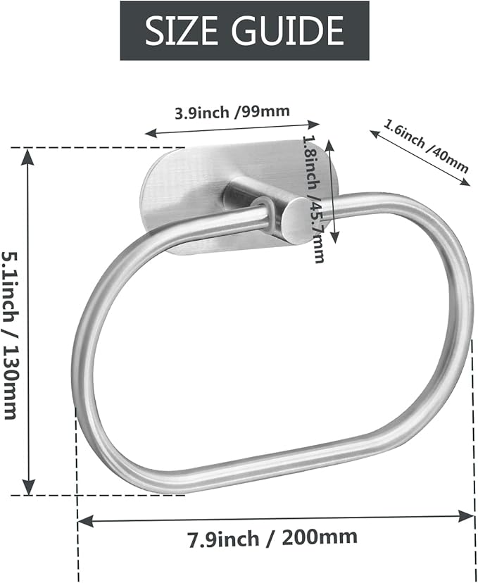 Litoexpe Self Adhesive Towel Ring Brushed Nickel, Oval Shaped Modern Hand Towel Holder, Stainless Steel Adhesive Hand Towel Hanger for Bathroom & Kithen Wall Mount (No Drilling)