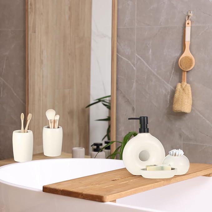 FoldTier 5 Pcs Ceramic Bathroom Accessories Set Includes Soap Dispenser Toothbrush Cup Holder Soapbox Holder Stylish Modern Bathroom Matte Glaze Decor(White)