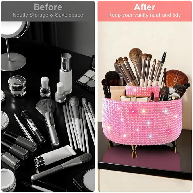 Bling Makeup Brush Holder,360° Rotating Makeup Brush Organizer,5 Slot Make up Brushes Cup for Cosmetics,Large Capacity,For Nail Polish, Art Supply, Bathroom Vanity,Cosmetics Organizer,Diamond Pink