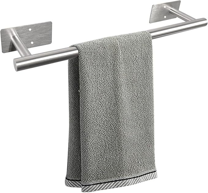 Self Adhesive Bath Towel Bar, Stainless Steel Towel Racks for Bathroom No Drilling Heavy Duty Towel Holder Stick on Wall Sturdy and Rustproof Towel Hanger for Bathroom(Brushed Nickel,16In)