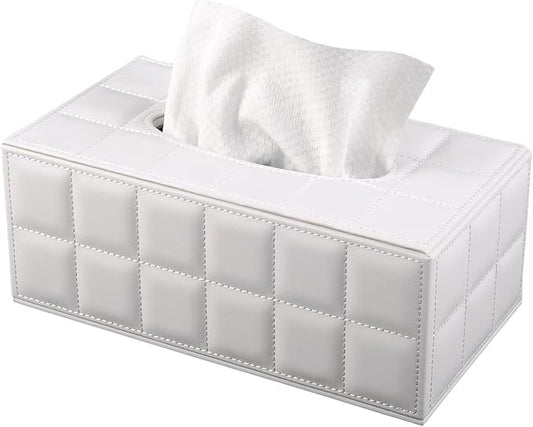 High-end Fashion Pu Leather Tissue Box Holder Cover Rectangular,Napkin Facial Tissues Cube Dispenser,Tissue Cover Decorative Container with Magnetic Bottom for Home Office Car (White)
