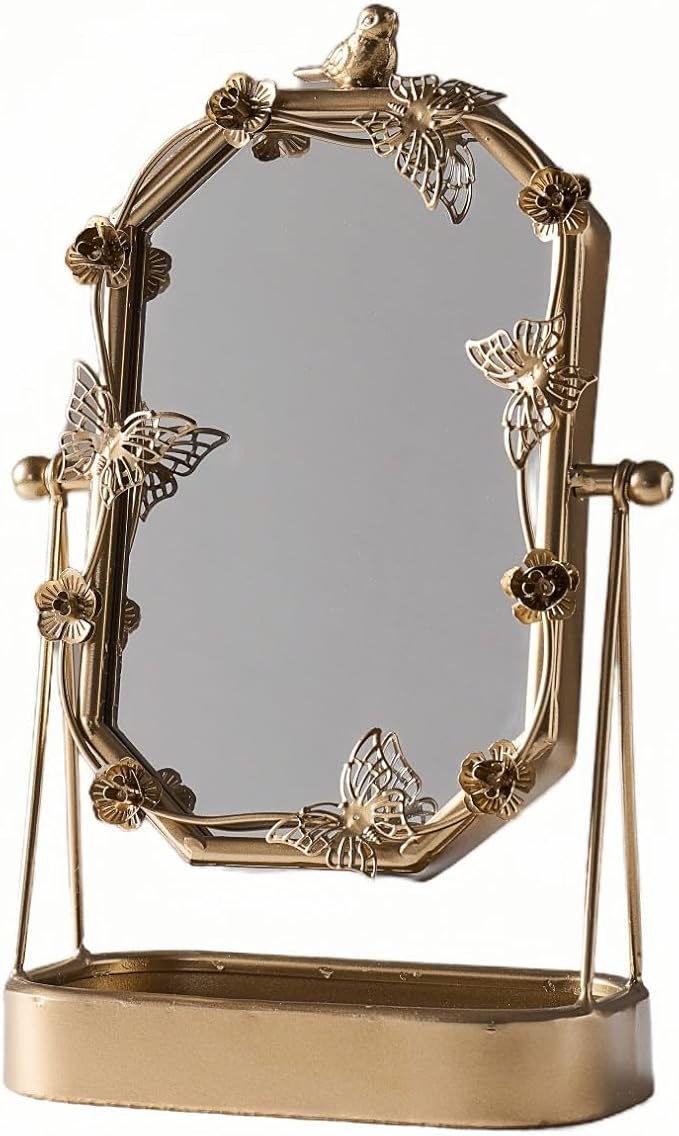 HSDDHOME Vintage Gold Tabletop Makeup Mirror, Bird & Butterfly Decorative Vanity Mirror, 12.8” x 8.2” Retro Metal Standing Mirror for Dresser, Bedroom, and Bathroom