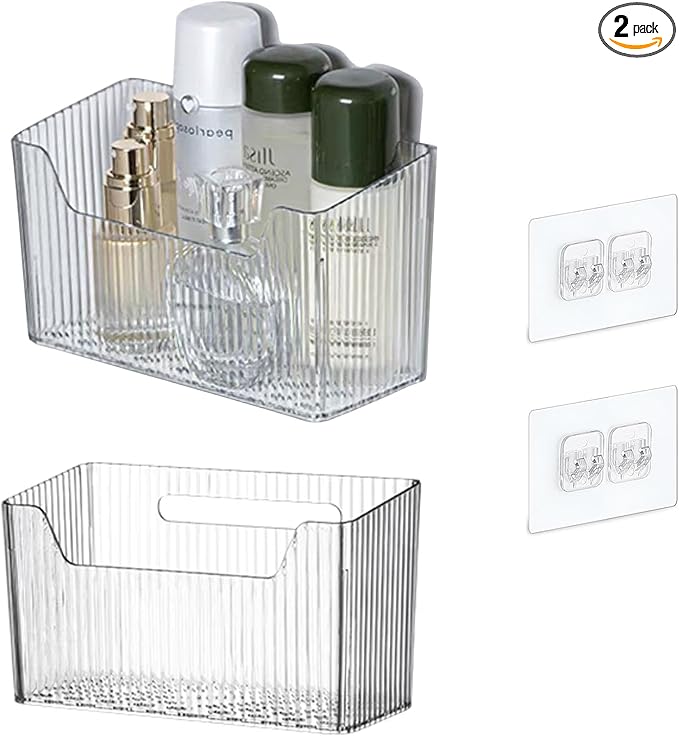 Acrylic Wall Mounted Storage Racks,2Pcs Storage Box Shower Basket, Transparent Plastic Makeup Box Stackable Storage Basket for Kitchen Bathroom Cabinet Pantry and Office, with 2 Back Stickers