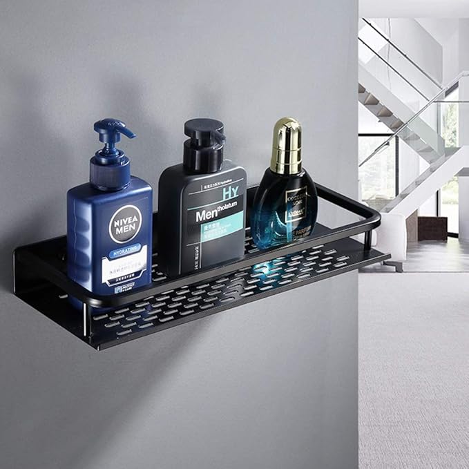 WFF Bathroom Shelf Black Aluminum Wall-Mounted Square Shampoo Cosmetic Shelves Kitchen Nets Storage Rack Organizer (Color : Black, Size : 50×12×4cm)