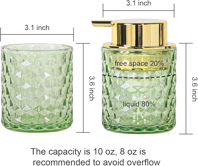 Bathroom Accessories Set 2pcs Glass Foaming Soap Dispenser and Toothbrush Holder for Bathroom Countertop, Green Glass Bathroom Assessory Set with Gold Decor