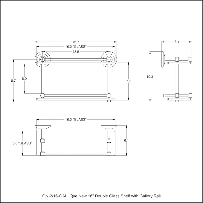 Allied Brass QN-2/16-GAL-GYM Que New 16 Inch Double Glass Gallery Rail Shelf, Matte Gray