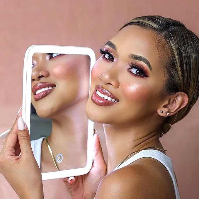 Fancii Rechargeable LED Travel Makeup Mirror with 3 Color Settings - Detachable 10x Magnifying Mirror, Dimmable Touch Light, Adjustable Kickstand, Lighted Portable Vanity Mirror (Aura Go 2)
