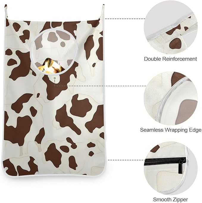 Hanging Laundry Hamper with Stainless Steel Hooks,Oxford Fabric Printing Door Laundry Clothes Bag, 29.5X20inch 2PCS Brown Cow Print