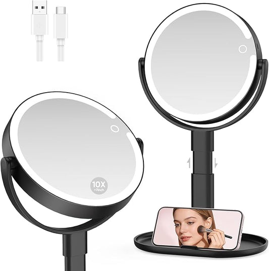Lighted Makeup Mirror with 10X Magnification, Rechargeable LED Magnifying Vanity Mirror with 3 Lights, Adjustable Height, Storage Base and Phone Holder, Black, 7 inch