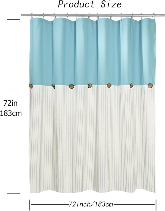 Farmhouse Teal Shower Curtain for Bathroom,Beige and Teal Stripe,Button Curtain,Cotton Blend Woven Fabric,Rustic Charm Country Chic Style,72x72 in