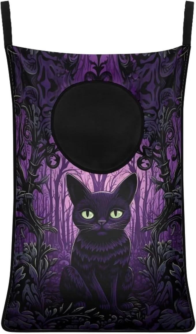 ZOUTAIRONG Halloween Black Cat Hanging Laundry Hamper Laundry Bag Washable Dirty Hamper for Clothes Large Laundry Basket Toys Storage Organizers for Home Bedroom Bathroom Purple