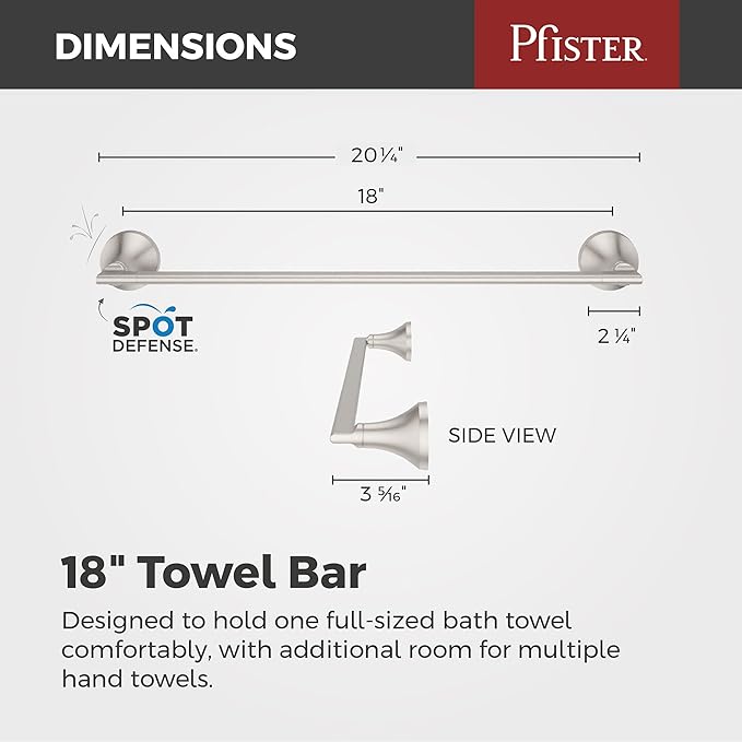Pfister Vedra Bath Towel Bar for Bathroom, 18-Inch, Wall-Mounted, Screw-in, Spot Defense Brushed Nickel Finish, BTBVED1GS