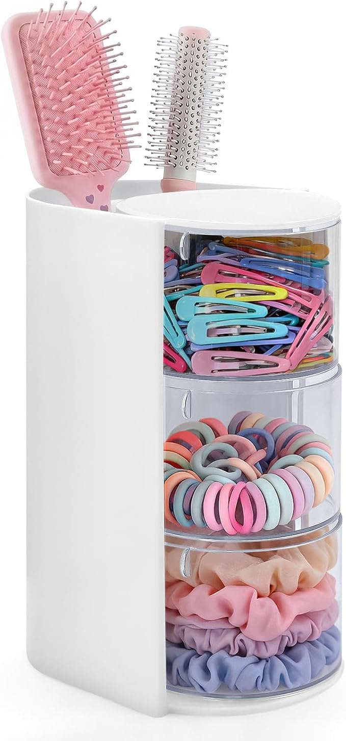 neotidy Hair Accessories Organizer with Hair Brush Holder, Rotating Hair Tie Product Organizer for Girls, 3-Tier Makeup Brush Holder for Clips, Bows & Brushes (White, 3-Tier)