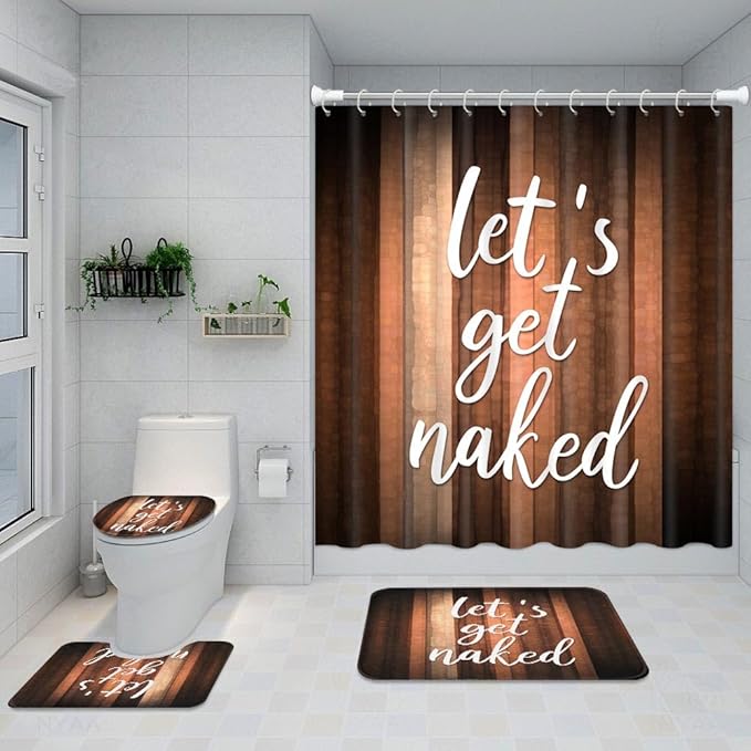 ArtSocket 4PC Let's Get Naked Orange Brown Striped Vintage Abstract Shower Curtain Sets Bathroom Decor with Rugs, Non-Slip Rug,Toilet Lid Cover, Bath Mat and 12 Hooks 72x72 inches