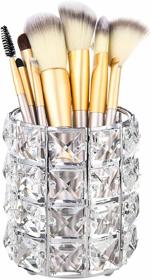 AKOAK 1 Pack Crystal Makeup Brush Holder Office Supplies Storage Rack Eyebrow Pencil/Lipstick/Pencil Makeup Container, Dressing Table, Bedroom, Office (Silver)