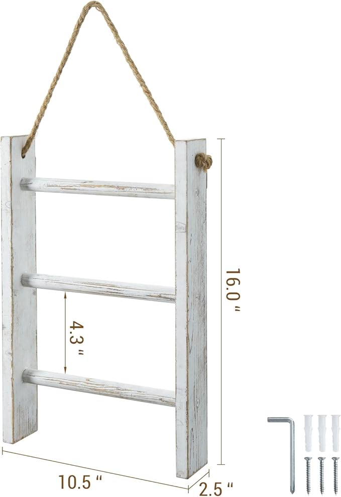 MyGift Rustic Hand Towel Holder, Whitewashed Solid Wood Farmhouse Bathroom Decor, Small Blanket Ladder for Home Decor, Wall Mounted Towel Rack for Shabby Chic Decor