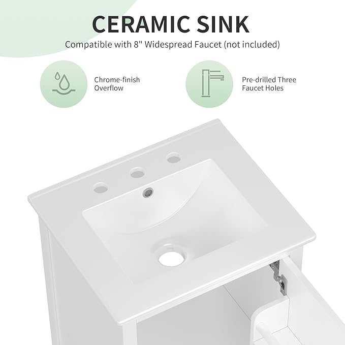 Virubi 20 in Small Bathroom Vanity with Sink,Solid Wood Modern Single Bathroom Sink Cabinet with Soft Closing Door and Drawer,Freestanding White