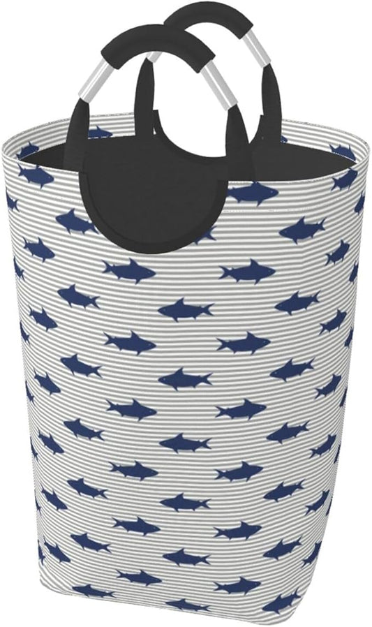 Cute Shark Laundry Basket Ocean Fish Hamper Funny Collapsible Laundry Baskets with Handle Blue Dirty Clothes Hamper Bag for Dorm Family Bathroom Decor Storage 50L