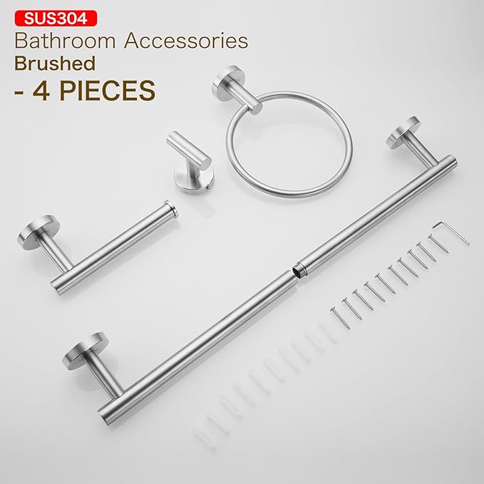 Bathroom Hardware Accessories Set Towel Bar Set Brushed Nickel 4-Pieces 24 Inches Adjustable Bathroom Towel Rack Round Bathroom Kit Wall Mounted Durable SUS304 Stainless Steel