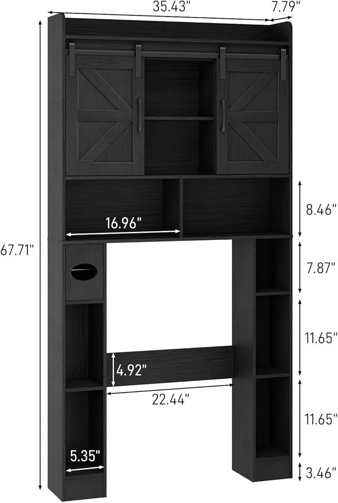 Vabches Farmhouse Storage Cabinet Over Toilet with Sliding Doors, Home Space-Saving Toilet Rack, Over The Toilet Storage Cabinet, Open Storage Shelf, for Bathroom, Laundry, Restroom.Black