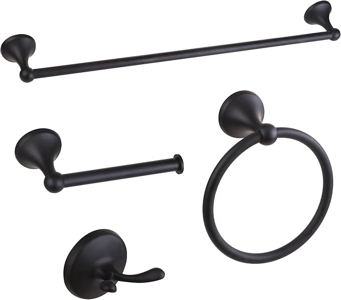 4 Pieces Matte Black Bathroom Hardware Set,Wall Mounted 23.6 inch Towel Bar Set Matte Black,Towel Rack Set,Toilet Paper Holder,Matte Black Bathroom Accessories Set, YM0254-B