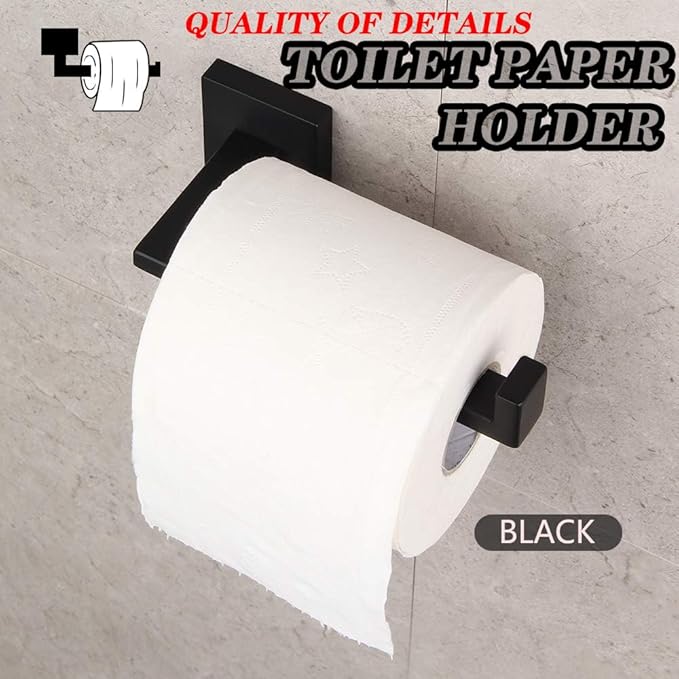 GERZWY SUS 304 Stainless Steel Bathroom Hardware Set Matte Black Towel Ring and Toilet Paper Holder Bath Hardware Accessories Sets Wall Mounted IG1856-2BK