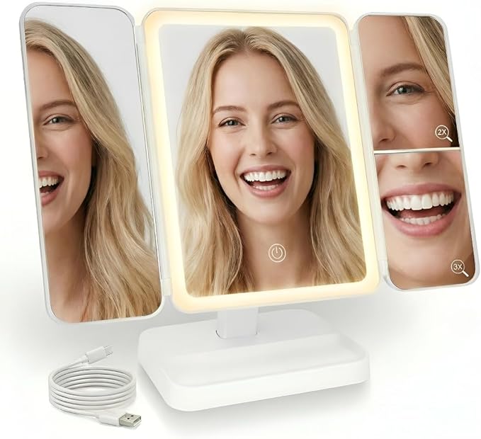 2026 Newly Upgraded Three-Sided Folding Makeup Mirror, Desktop LED Two-in-one Seashell-Shaped Three-Sided Mirror, Large Size with Adjustable Light