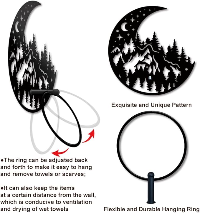 MAYJOYDIY Moon Forest Metal Towel Ring Mountain Landscape Towel Holder Moon Star Towel Ring Black Art Towel Rack Wall Mounted for Bathroom Kitchen Towel Hanger Home Decors Gift