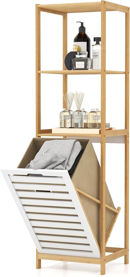 Giantex Tilt Out Laundry Hamper - Laundry Hamper Cabinet with 3 Tier Storage Shelves, Removable Laundry Basket, 51" Tall Freestanding Bamboo Tower Hamper Organizer for Bathroom Small Space