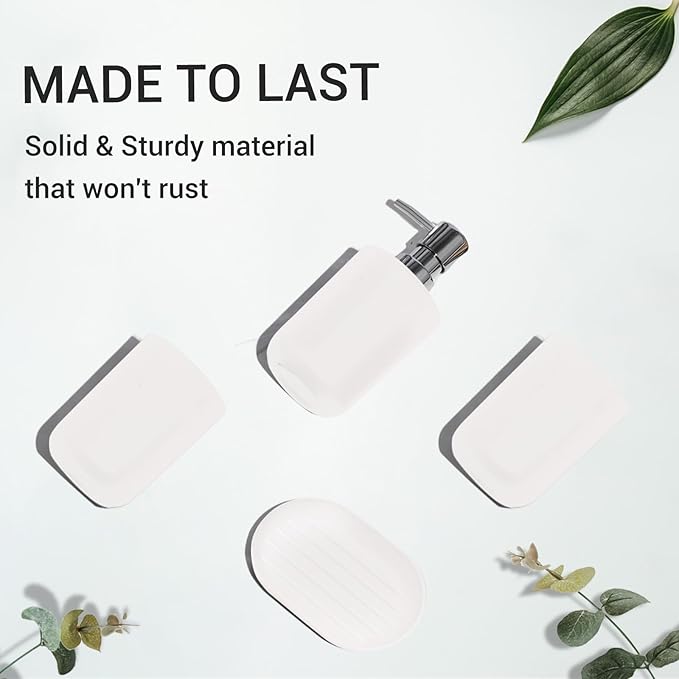 Matte White Bathroom Accessories Set, 4-Piece Plastic Bathroom Vanity Set with Soap Dispenser, Toothbrush Holder, Rinse Cup & Soap Dish, White Bathroom Counter Organizer