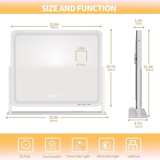 Hasipu 25" x21” LED Vanity Mirror with Lights - Makeup Mirrors with 10X Magnification, USB Charging, 3 Color Dimmable, 360° Rotation (White)