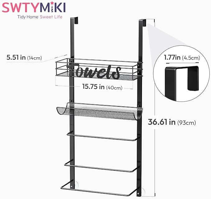 SWTYMIKI Over The Door Towel Racks for Bathroom - 5-Tier Wall Mounted Bathroom Towel Storage Organizer Holder with Metal Shelf, Black