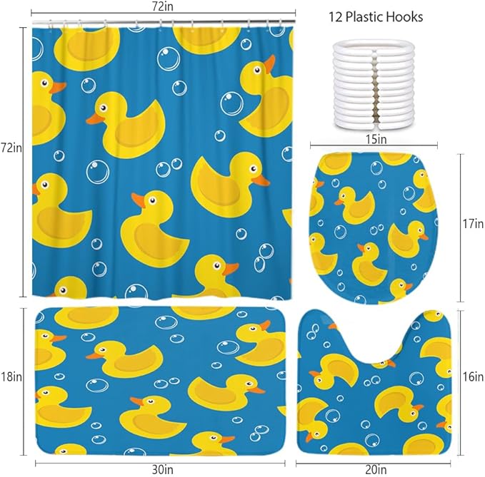 Ansouyi 4Pcs Bathroom Shower Curtain Sets with Non-Slip Rugs, Toilet Lid Cover and Bath Mat, Soap Bubbles Ducks on Blue Durable Waterproof Shower Curtain for Bathroom Set, 72x72 Inch