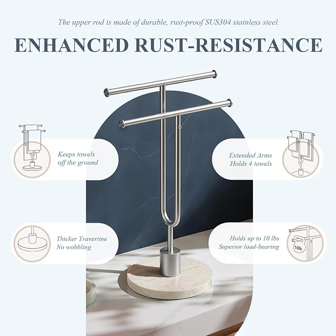 Towel Holder Stand with Natural Travertine Base Stainless Steel Hand Towel Holder Rack for Bathroom Countertop Unique Free Standing Towel Bar Holds 2 Towels for Kitchen Countertop (Brushed Silver)