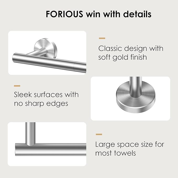 FORIOUS Towel Bar Wall Mounted, 30 Inch Stainless Steel Towel Racks for Bathroom, Includes Wall Mounting Hardware (Brushed Nickel, Total Length 32 Inch)