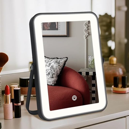 Rechargeable LED Vanity Mirror with Lights, 7"x10" Black Makeup Mirror with Lights, 3-Color Lighting, for Dorm, Livingroom, Gifts for Women