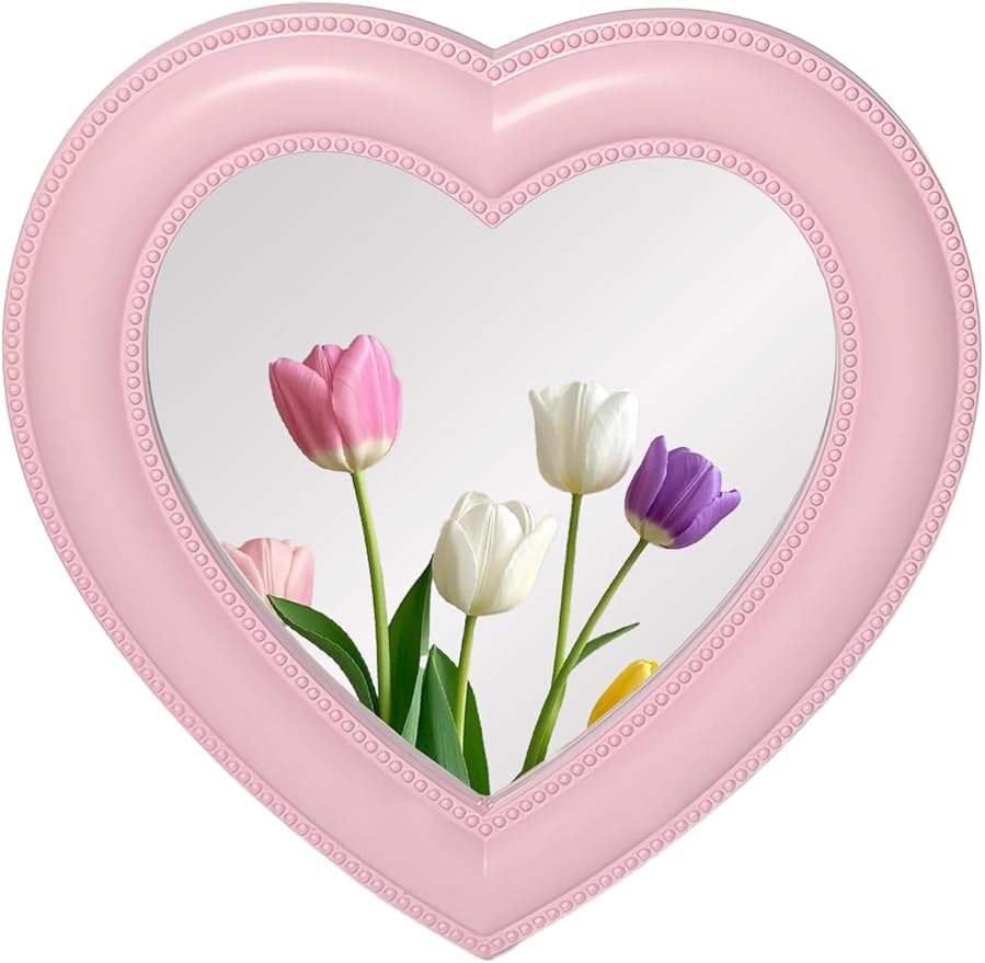 Heart Magnetic Locker Mirror for Girls, 6.9"x7.3" Real Glass Mirror Magnetic for School Locker, Locker Accessories Makeup Mirror for Bathroom Fridge Office Cabinet Gym (Pink)