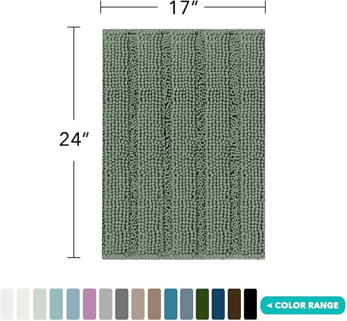 Turquoize Luxury Chenille Bath Rug for Bathroom Rugs Extra Absorbent Bath Mat Non Slip Microfiber Shower Rug for Bathroom Microfiber Shaggy Carpet Rug Size, 17"x 24", Green Bay