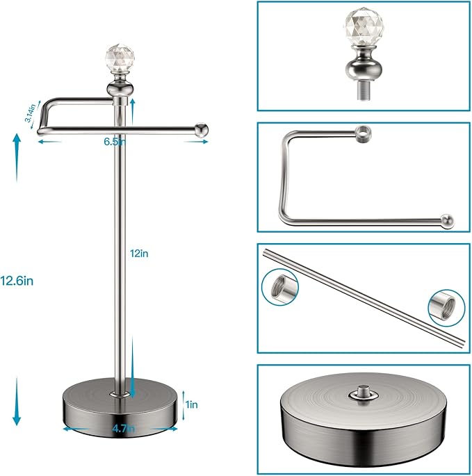 ROLABAM Heavy Weighted Hand Towel Holder with Crystal Ball - Stand, 15.7'' Tall, Brushed Nickel