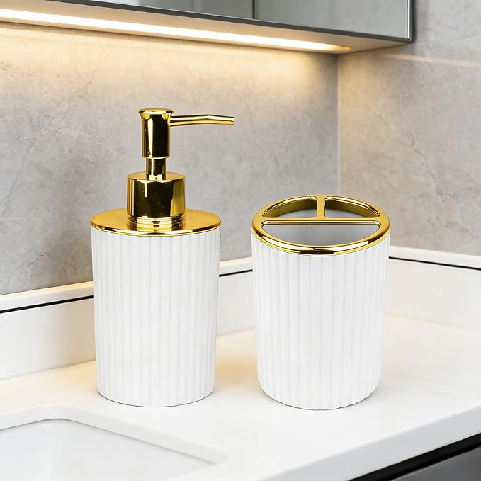 Bathroom Accessories Set, 2-Piece White & Gold Soap Dispenser & Toothbrush Holder, Modern ABS Vanity Organizer for Countertop, Minimalist Bathroom Decor