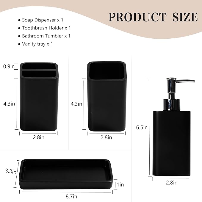 YMXYJM Bathroom Accessories Set, 4 Pcs Bathroom Accessory Set, Soap Dispenser, Toothbrush Holder, Qtip Holder Set, Bathroom Sets Complete, Bathroom Sink Set for Modern Home Decor, Black