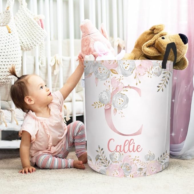 callie Personalized Laundry Basket for Kids Girls, Custom Initial & Flower Laundry Hamper, Clothes Toys Storage Bin for Bedroom Nursery (13.8" x 16.5", 15.7" x 19.6")