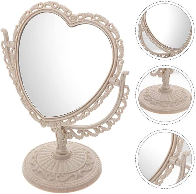 AKOAK Heart-Shaped Cosmetic Mirror - Plastic, Double-Sided, Rotatable, Lightweight - Bathroom & Bedroom Mirror (Beige)